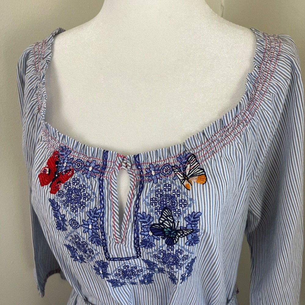 3J Workshop Johnny Was Striped Dress Embroidered S fit M Blue Milkmaid Floral - Picture 2 of 12